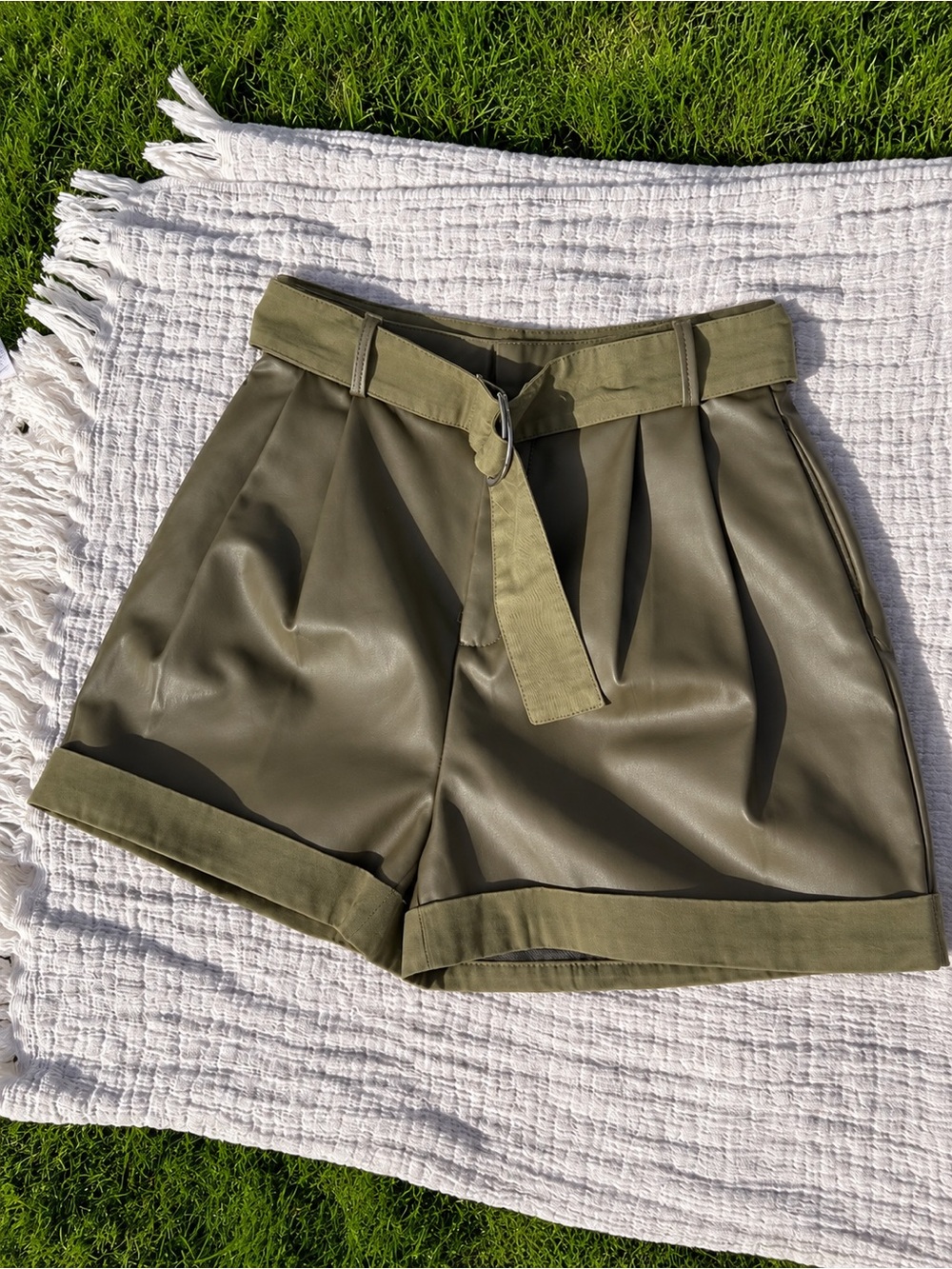 Olive Faux Leather High-Waist Belted Shorts